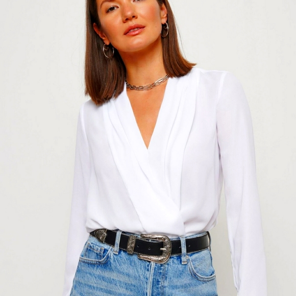 Dynamite Tops - NWT Dynamite long sleeve faux wrap white blouse/bodysuit. Size: XL